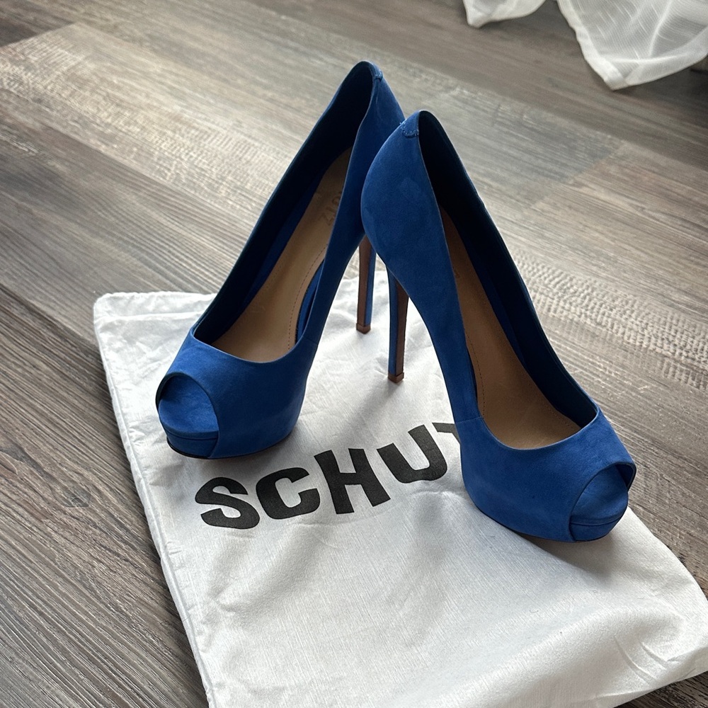 New SCHUTZ Royal Blue Suede Peep Toe Heels